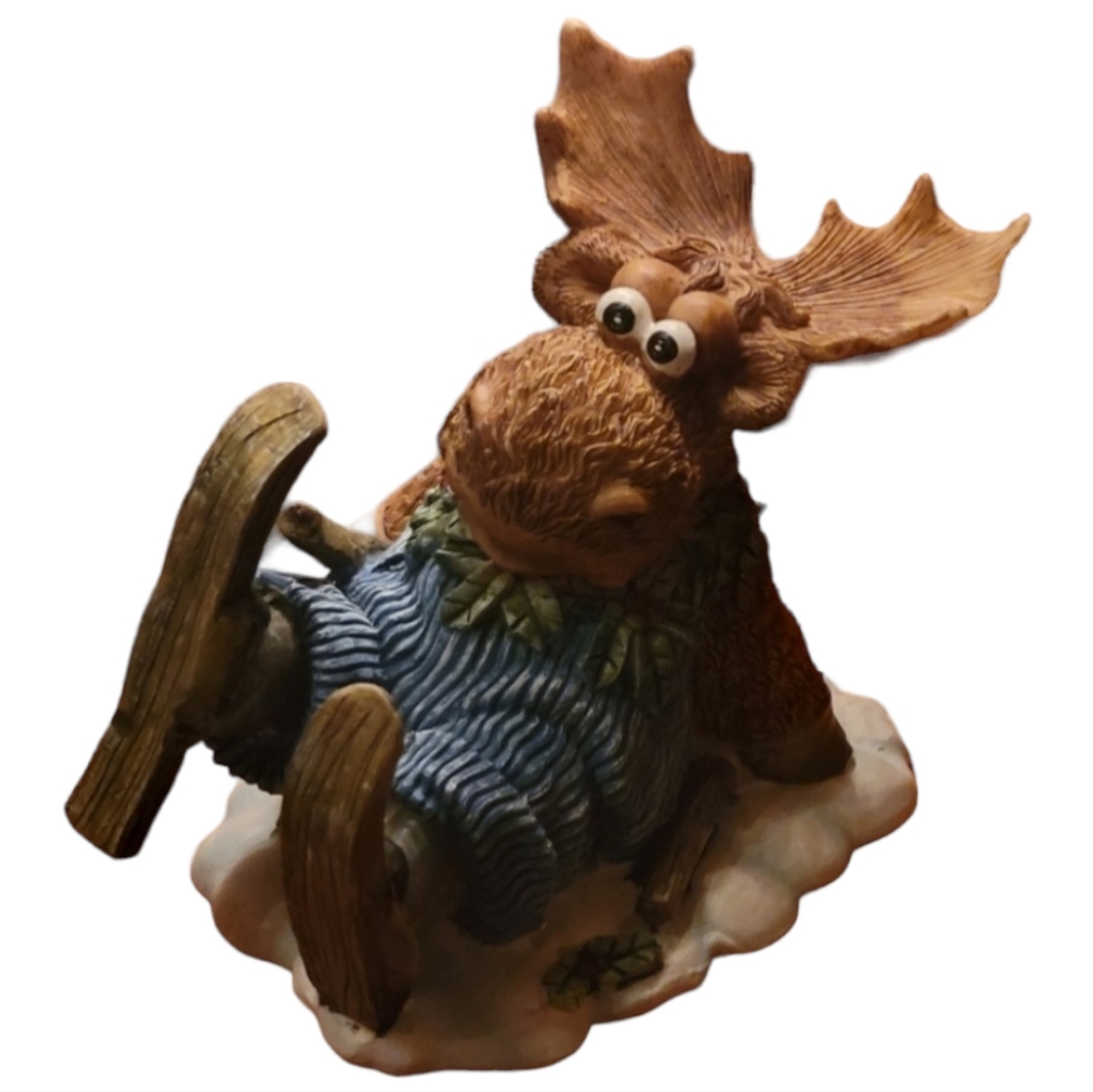 Vintage 2000 Gift Link Moose Skiing Accident. # GL13202 Blue Corderoy Leaves